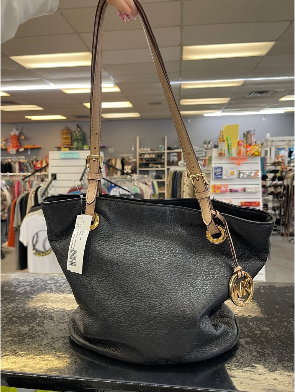 Michael Kors Black Pebbled Leather Tote Bag with Beige Shoulder Straps and Gold-